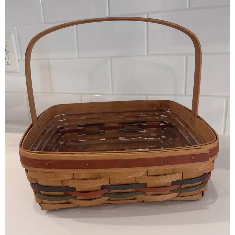 1990 LONGABERGER Square Basket Stationary Handle Blue Green Red Bands 12" - Picture 1 of 8